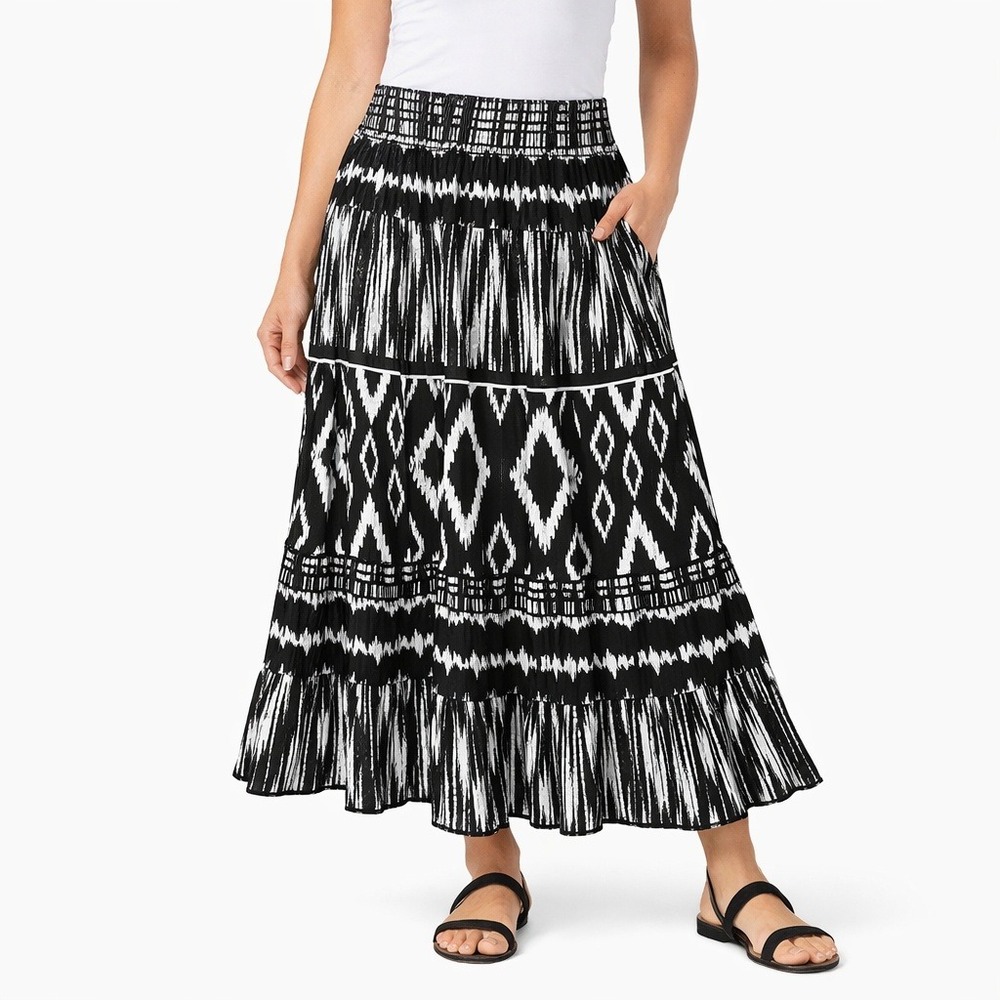 Chaudry Skirt Womens XXL Black White Maxi Skirt Elastic Waist Lined Boho Chic